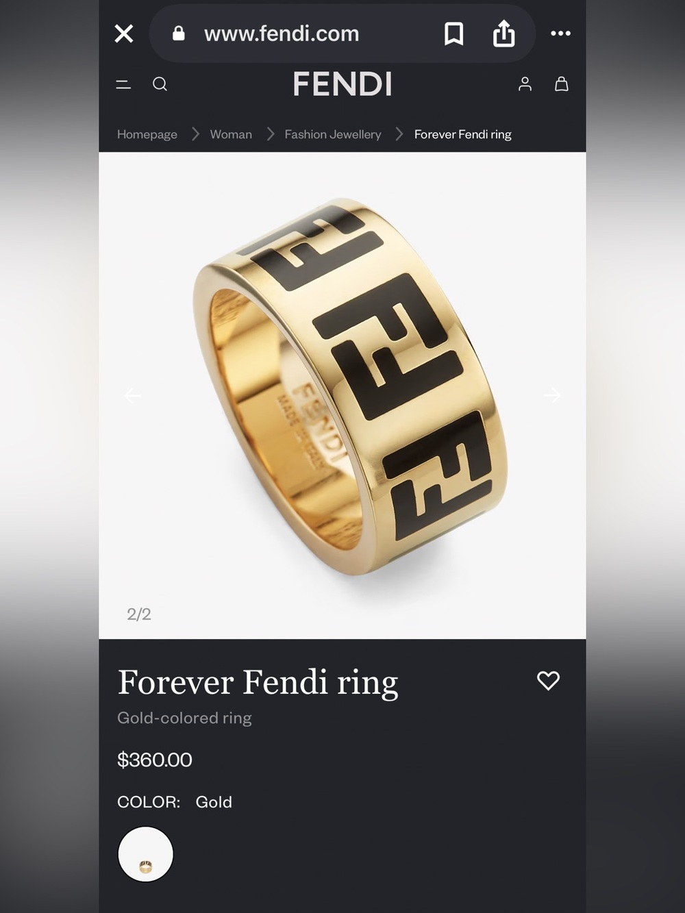 Fendi Forever Fendi Gold-Tone Ring with Black Logo Inlay - Picture 5 of 6